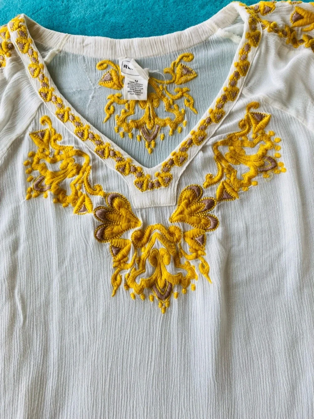 For The Republic White V-Neck Tunic with Yellow Embroidery